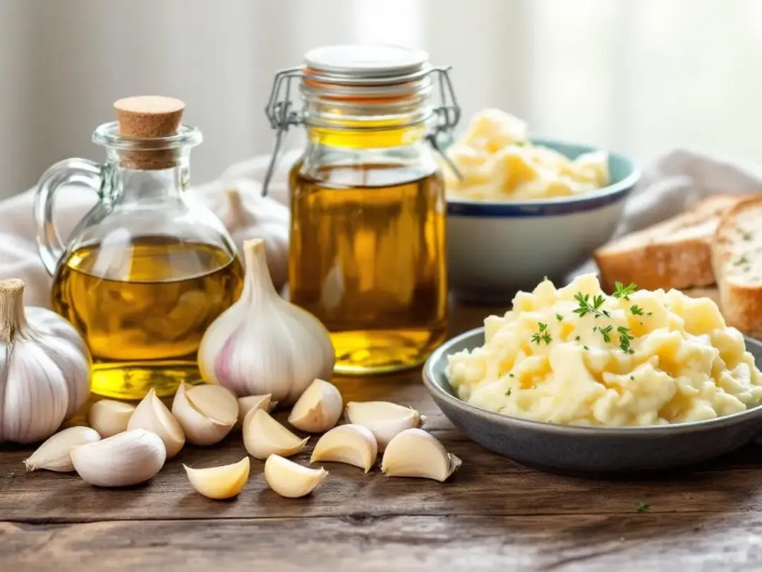 The image shows a variety of garlic-containing foods, including garlic bread, fresh garlic, and garlic powder...