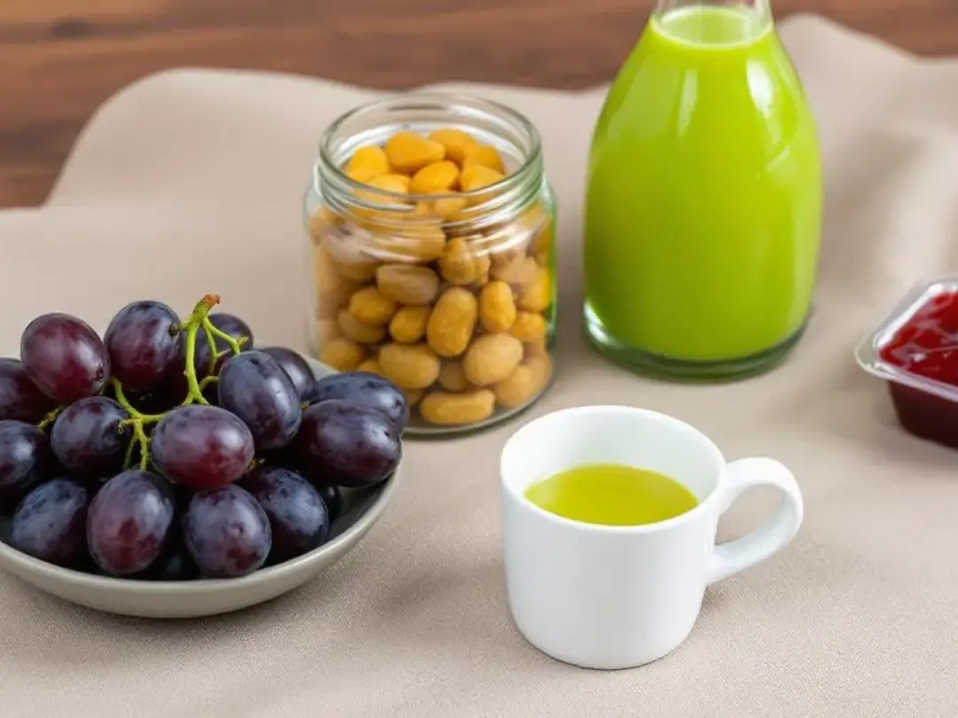 The image displays a variety of grape products, including fresh green and red grapes, dried raisins, grape juice, and...