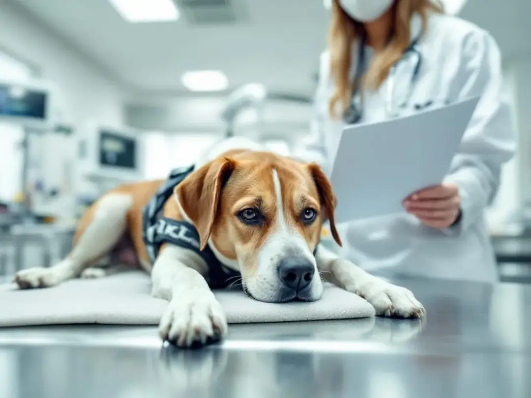 In an emergency clinic setting, a veterinarian is examining a dog, ensuring its health and safety amidst concerns about...