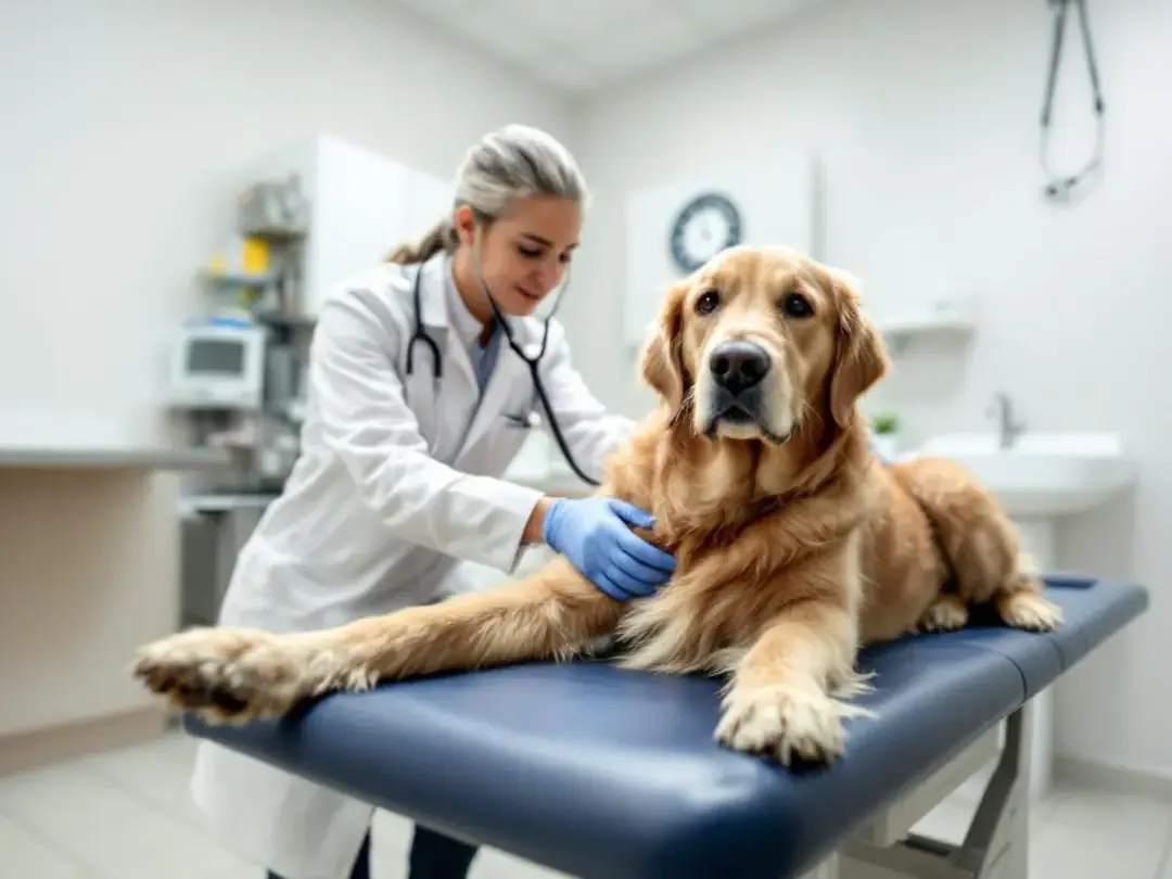 A veterinarian is examining a dog to assess its digestive health, focusing on its diet and potential digestive issues...