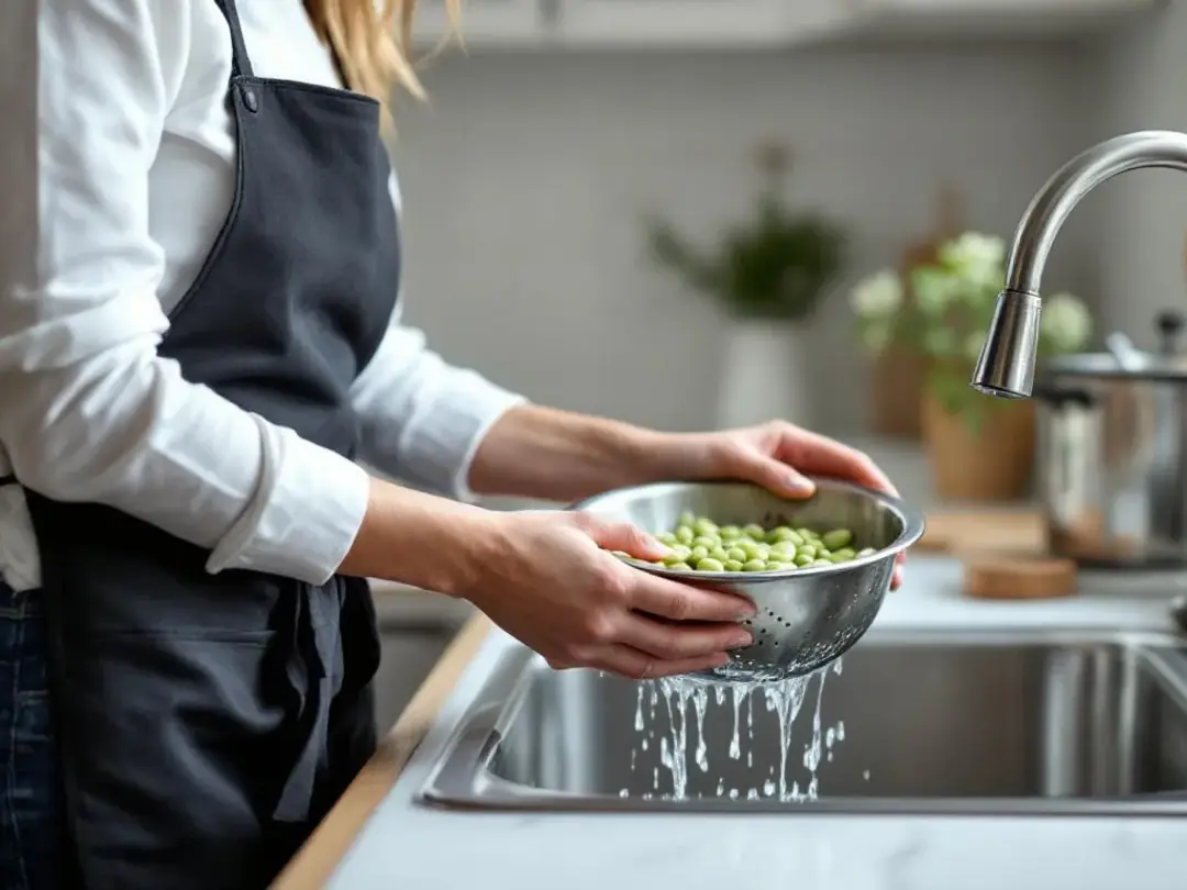 In a kitchen, a dog owner is carefully draining and rinsing cooked lima beans in a colander, preparing them as a...