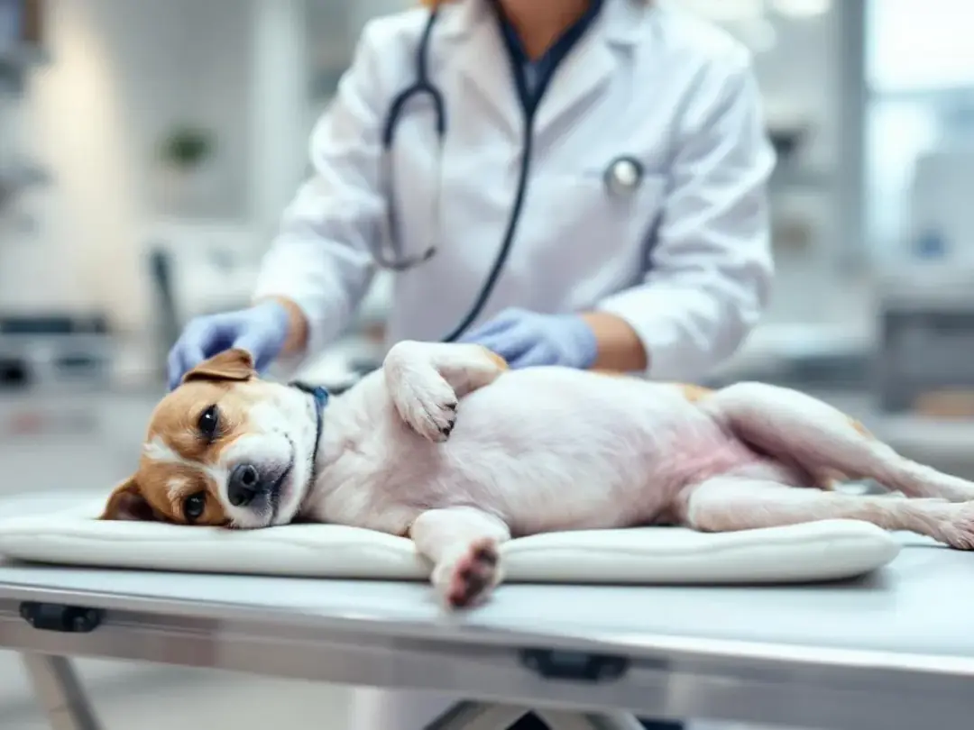 A veterinarian is carefully examining a small dog on an examination table, ensuring the dog's overall health and...
