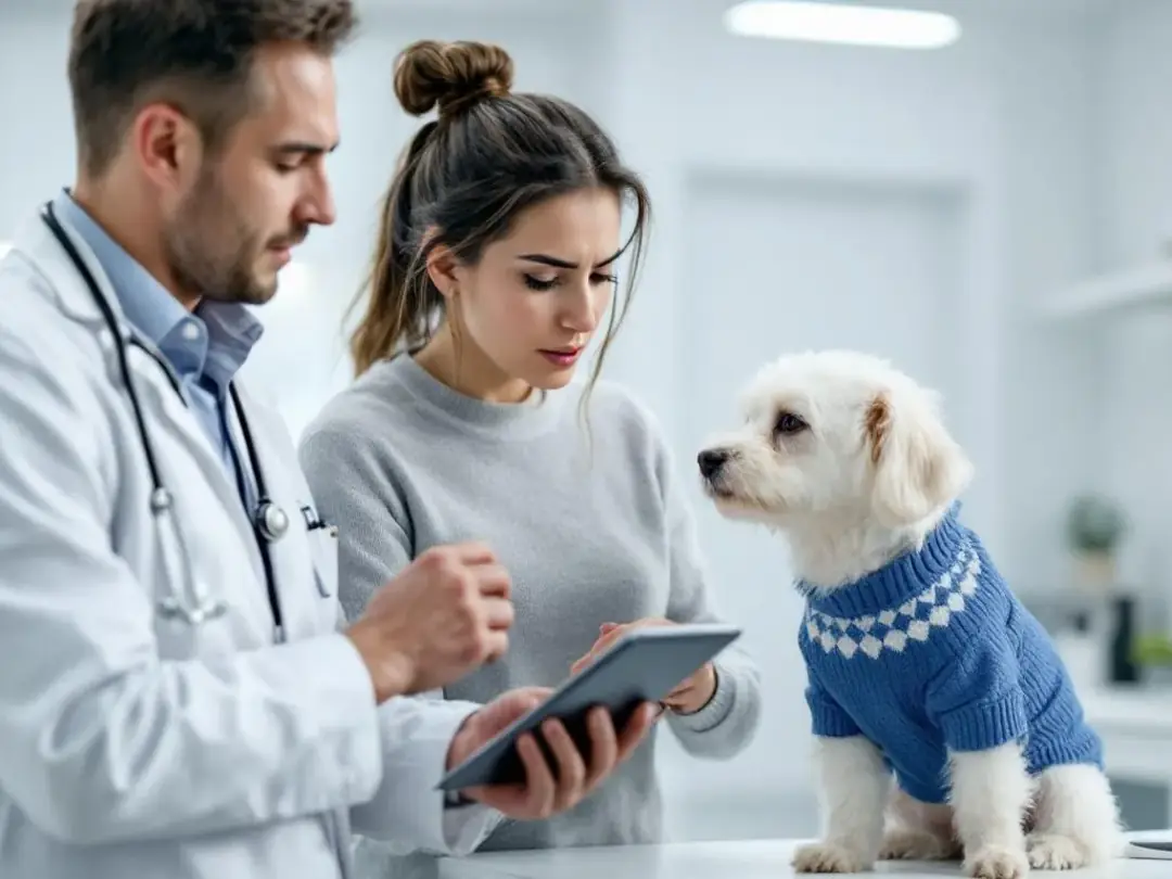 In a veterinary clinic, a concerned dog owner is discussing their dog's dietary health with a veterinarian, focusing on...