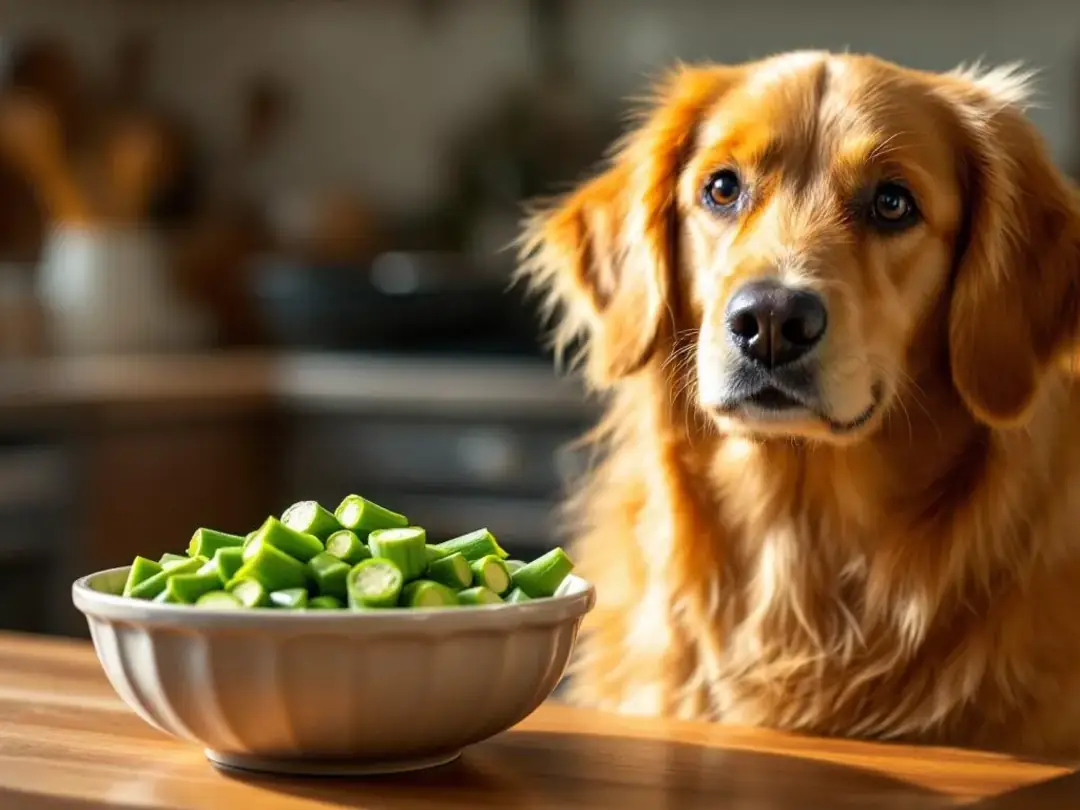 A happy dog sits beside a bowl filled with bite-sized pieces of prepared okra, showcasing a healthy snack option for...