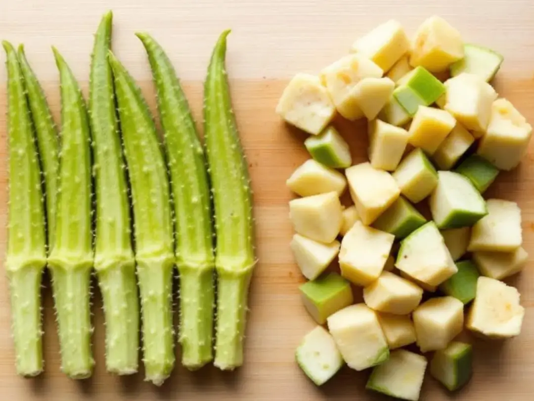 The image shows a side-by-side comparison of raw okra pods, which are long and green with a ridged surface, next to...