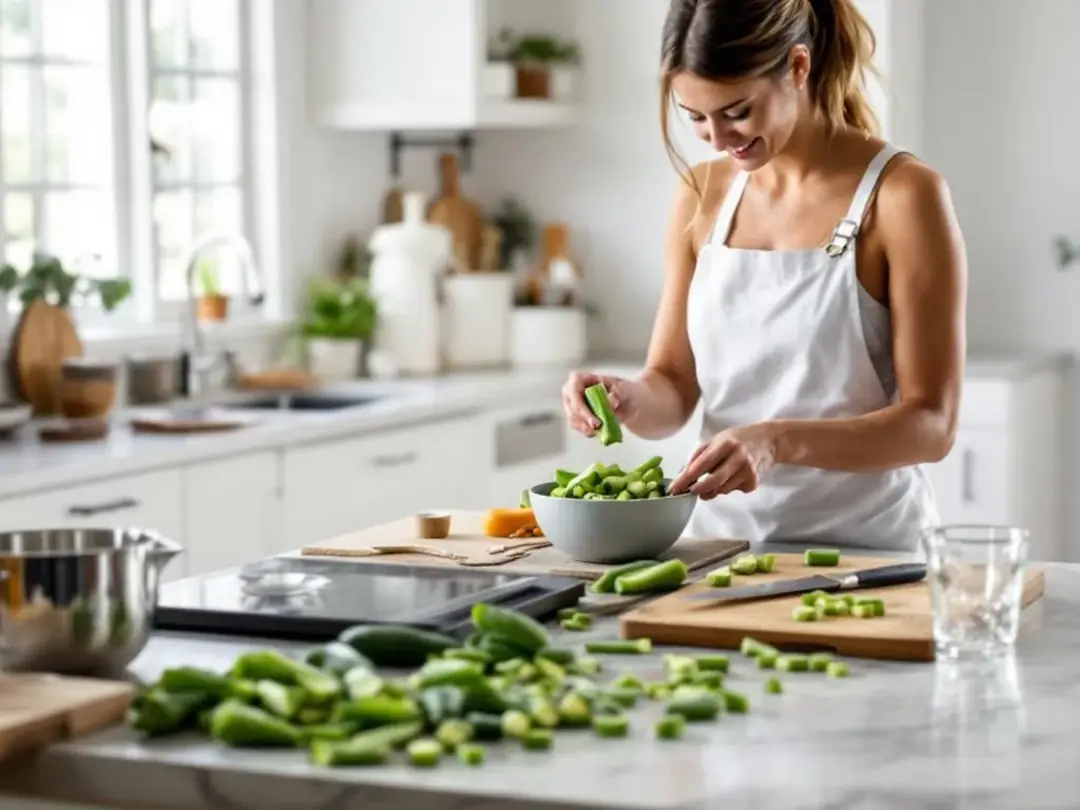 In a clean kitchen, a dog owner is preparing bite-sized pieces of okra as a healthy snack for their furry friend, using...