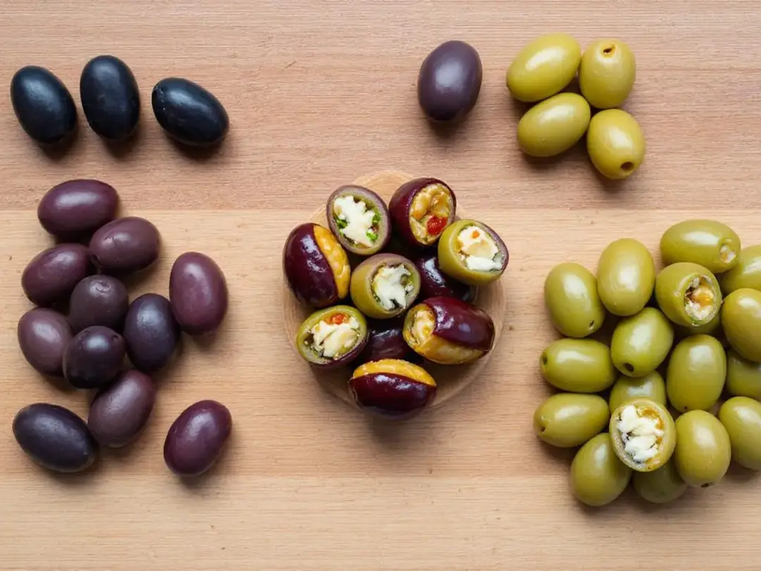 A wooden cutting board displays an assortment of olives, showcasing both plain olives and stuffed varieties, including...
