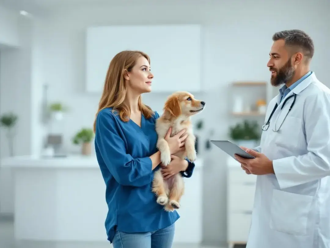 A concerned pet owner is sitting in a veterinarian's office, discussing their dog's diet and whether dogs can eat...