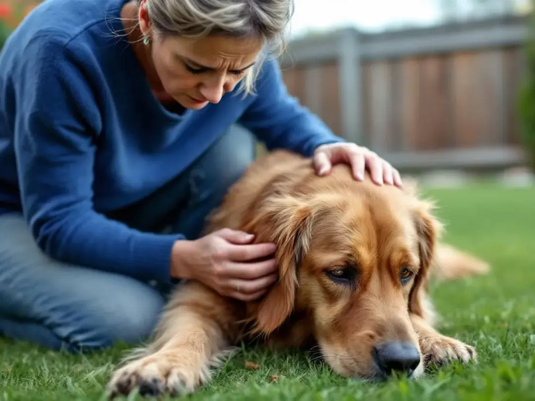 A concerned dog owner is kneeling beside their pet, who appears to be experiencing digestive upset, possibly due to...