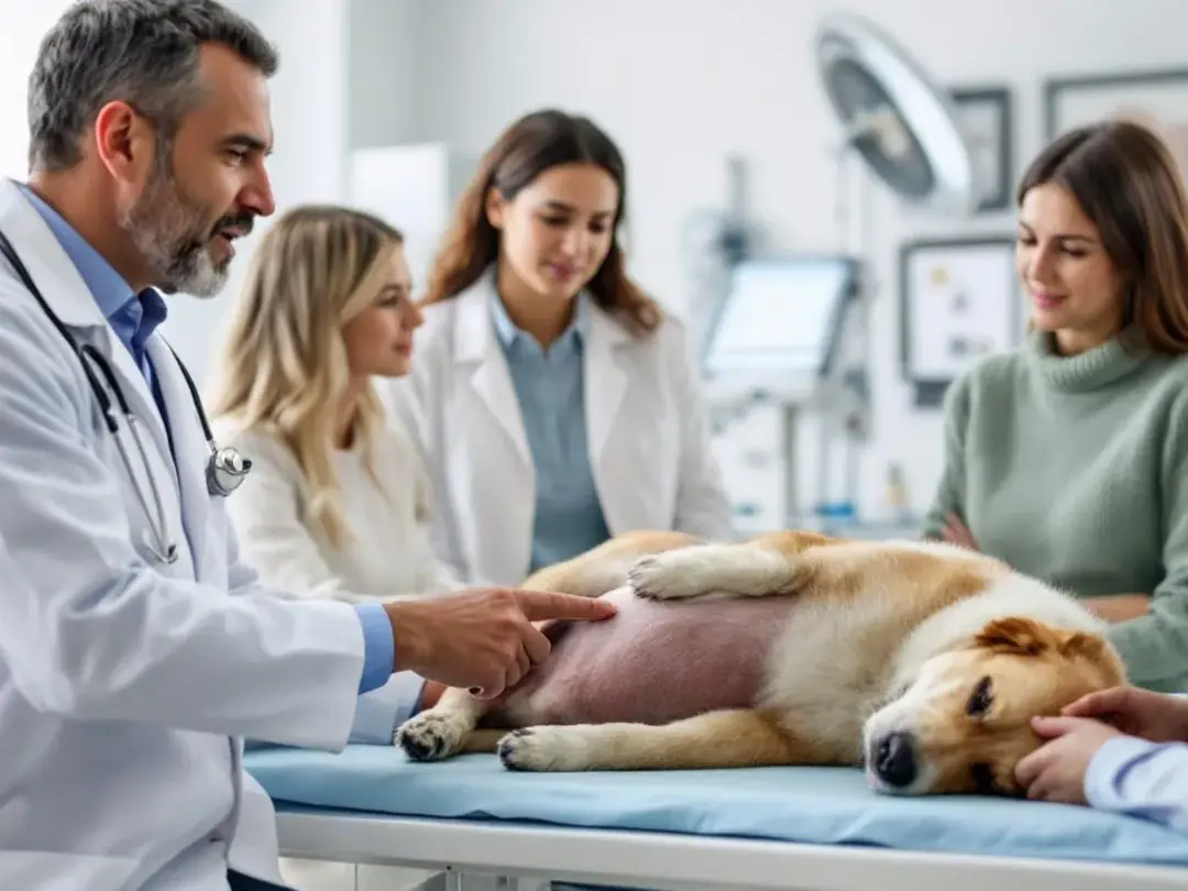 A veterinarian is examining a dog's abdomen while explaining the symptoms of pancreatitis to concerned pet owners...