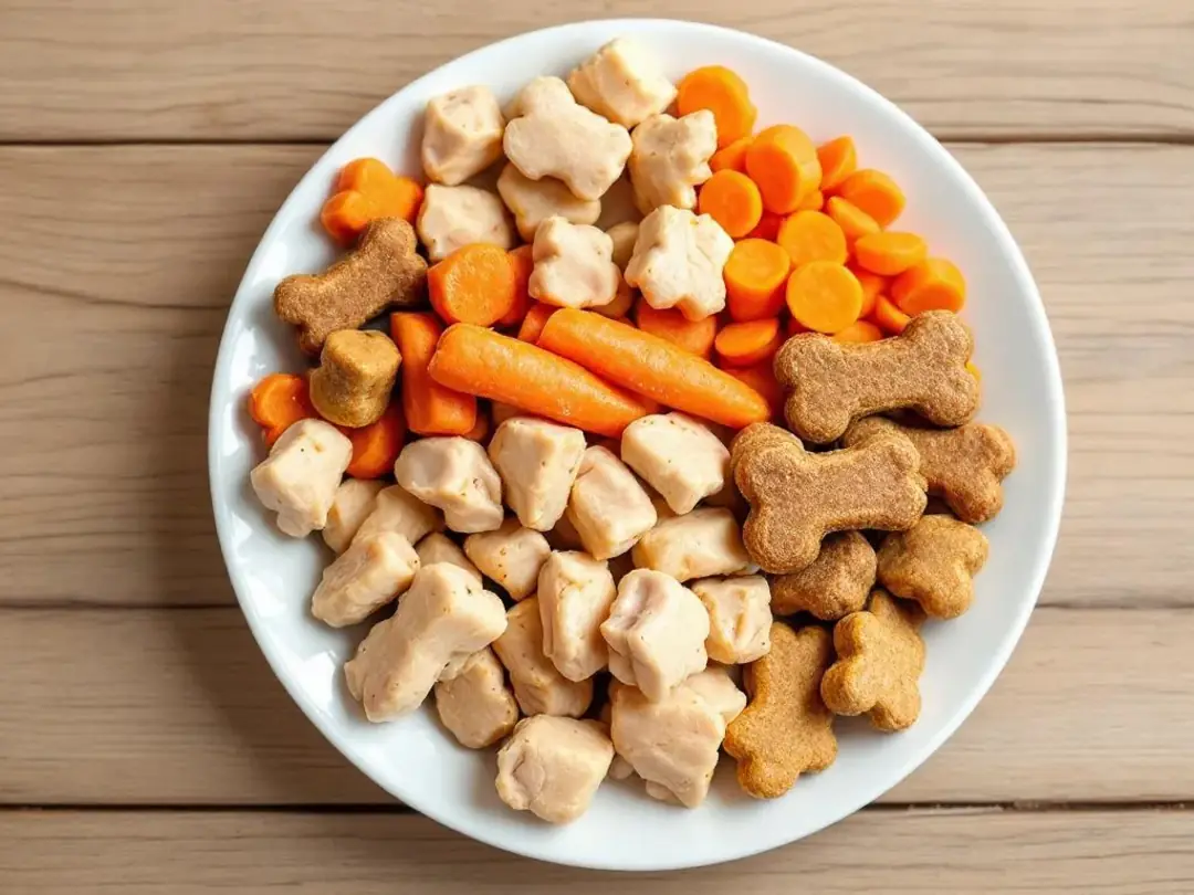 A plate is filled with safe dog treats, including plain cooked chicken pieces, fresh carrots, and commercial dog...
