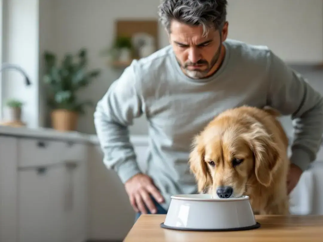 A worried dog owner is observing their furry friend as the dog drinks excessively from its water bowl, raising concerns...