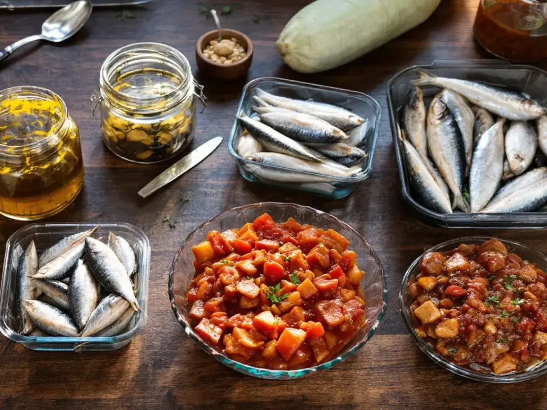 In the image, various types of sardine preparations are displayed on a kitchen counter, including canned sardines in...