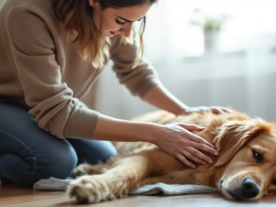 A concerned dog owner is gently examining their pet for any signs of discomfort, ensuring the dog's health is...