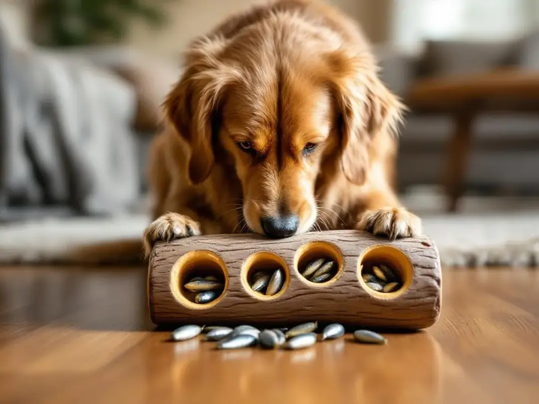 A dog is intently working on a puzzle toy, trying to retrieve canned sardines hidden inside. This engaging activity not...