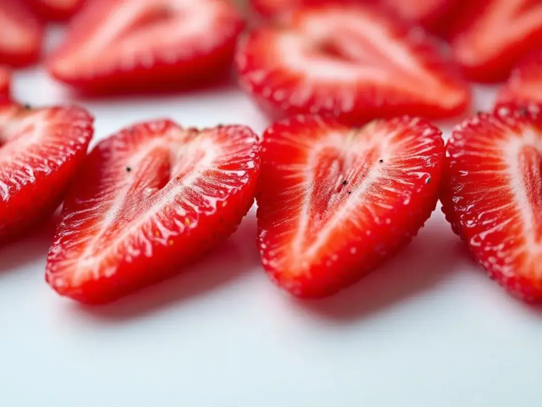 A close-up image of sliced strawberries reveals their bright red, juicy interior, showcasing their nutritious...