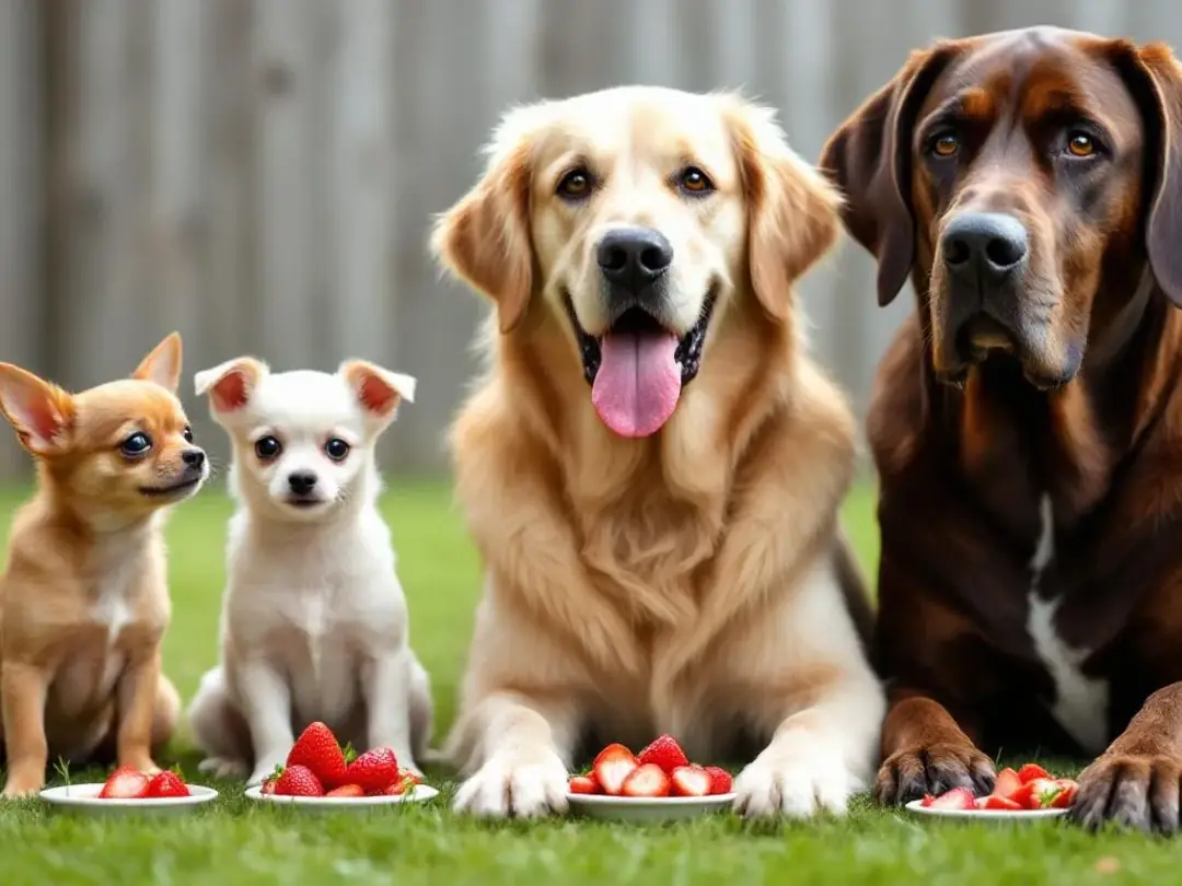In the image, a variety of dogs of different sizes are happily enjoying appropriately portioned pieces of strawberries...