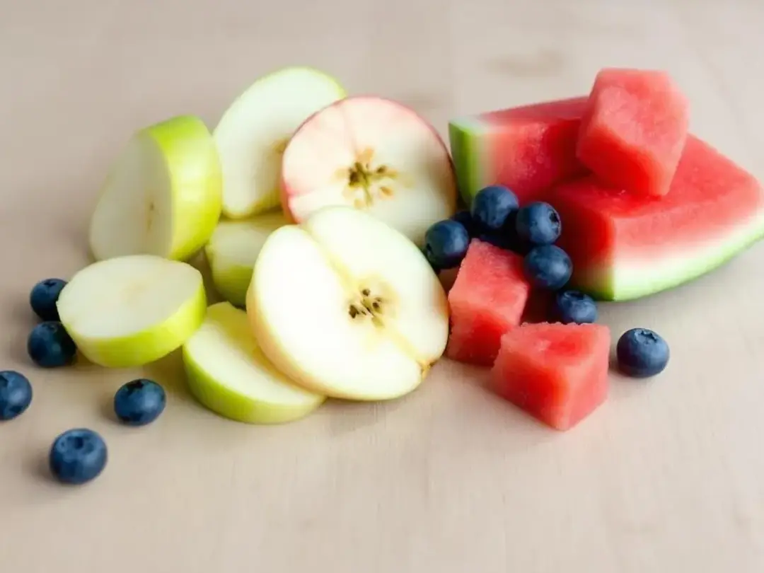 An assortment of dog-safe fruits is displayed, featuring blueberries, apple slices, and watermelon, all of which are...