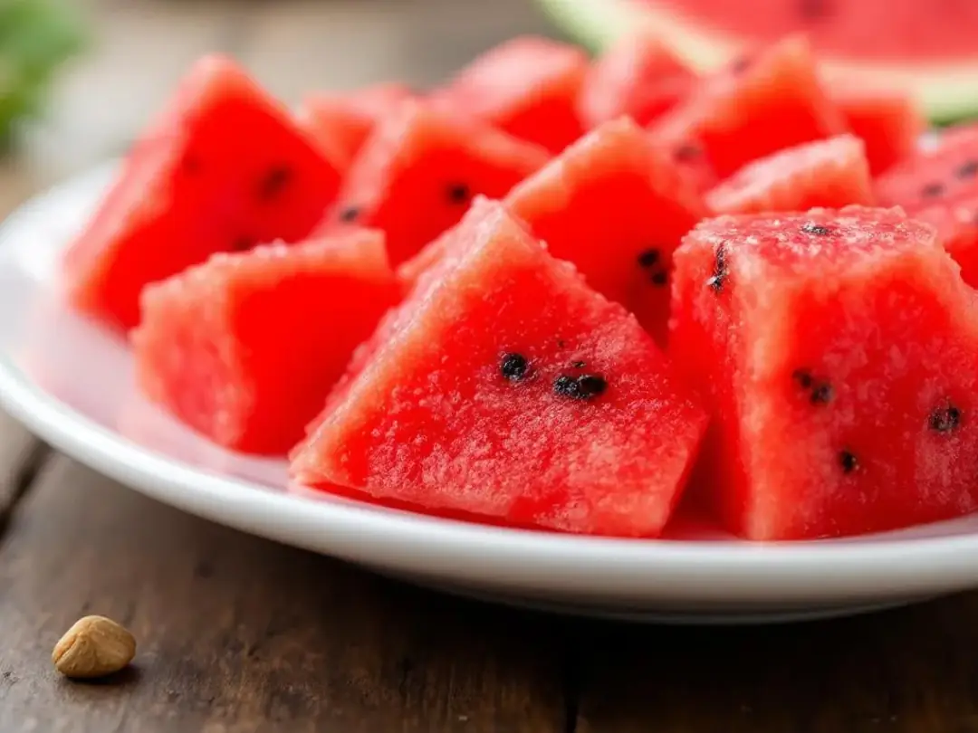 A close-up image of vibrant red watermelon cubes showcases their juicy flesh, which is not only refreshing and...