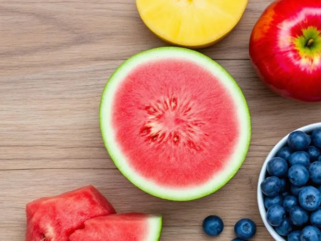 A colorful assortment of dog-safe fruits, including juicy watermelon, crisp apples, and plump blueberries, is...