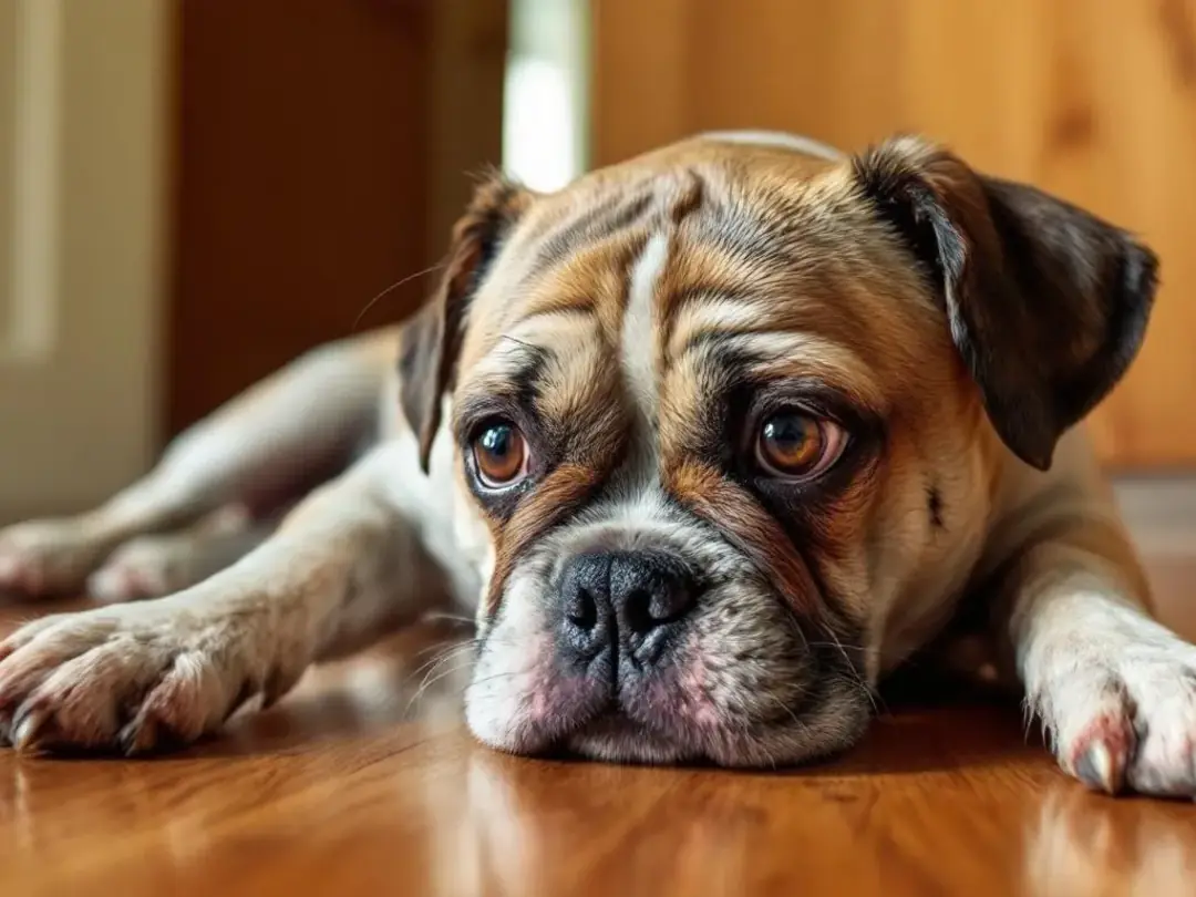 A small dog appears confused and disoriented after a fall, displaying signs of potential head trauma, which may...