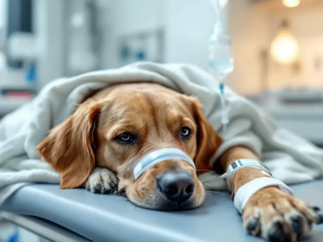 In a veterinary hospital, a dog is receiving IV fluid therapy while being monitored with medical equipment, indicating...