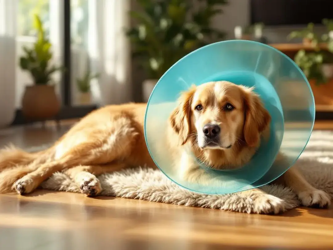 A small dog wearing a protective cone rests comfortably indoors, indicating it may be recovering from a head injury or...
