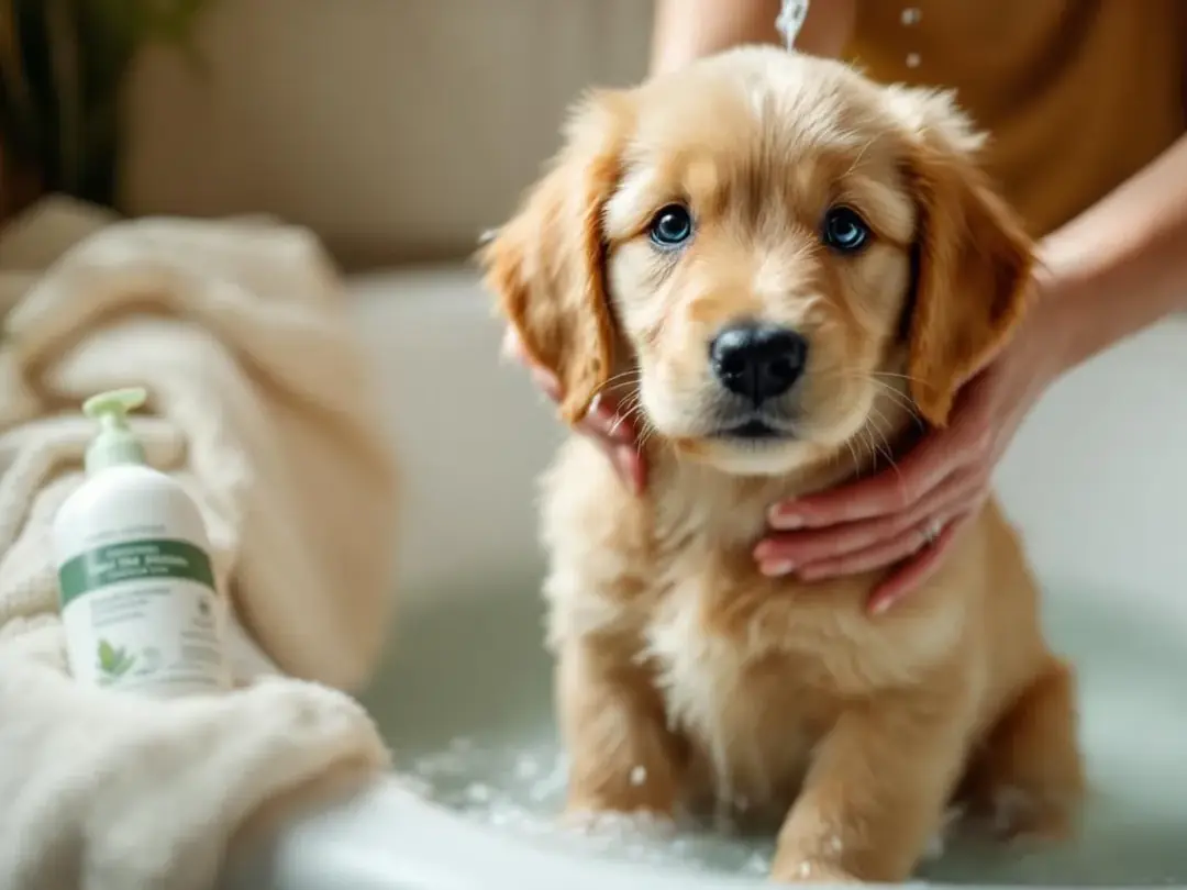 A dog is being gently bathed with natural products, showcasing a caring interaction between the pet parent and their...