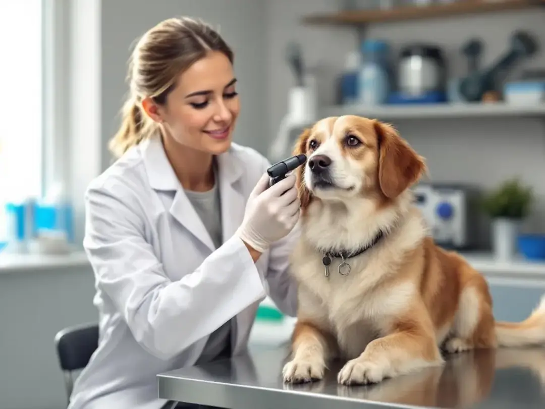 A veterinarian is gently examining a dog's ears, ensuring the dog's health and checking for any signs of ear infections...
