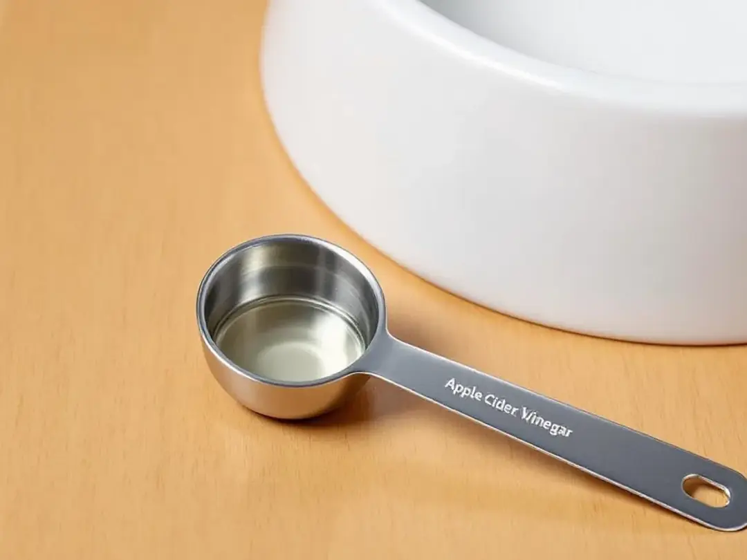 A measuring spoon filled with diluted apple cider vinegar sits beside a dog bowl, highlighting the potential health...