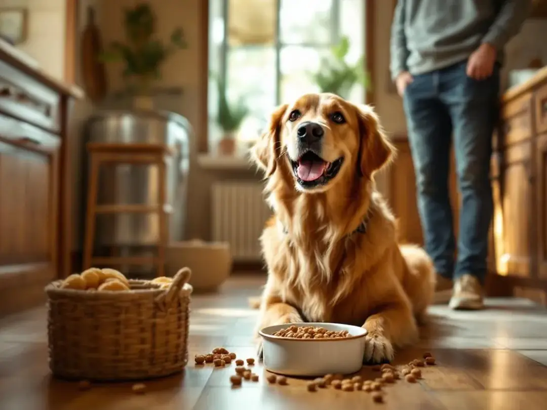 A happy dog is eagerly eating from a bowl filled with nutritious food, while their owner watches nearby, ensuring their...