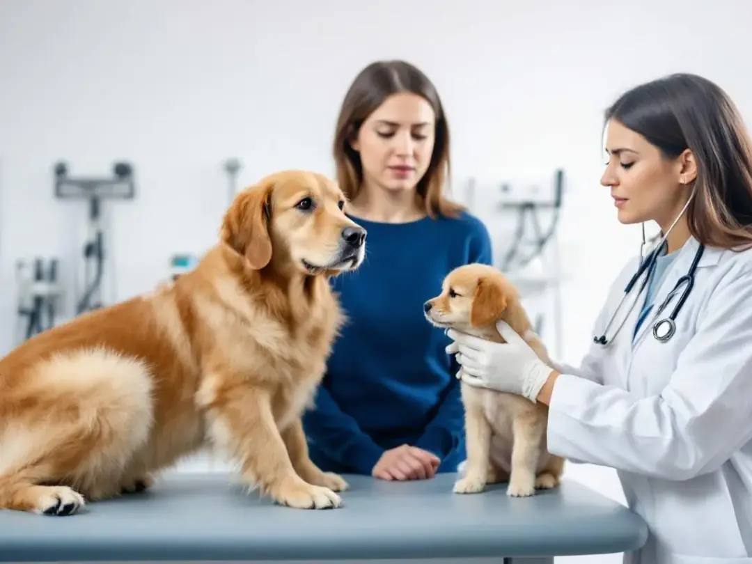 A veterinarian is carefully examining a dog while the concerned owner watches nearby, highlighting the importance of...