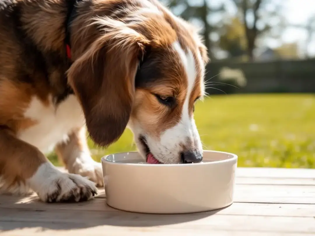 A dog is seen happily drinking fresh water from a clean bowl outdoors, enjoying the refreshing hydration on a warm day...