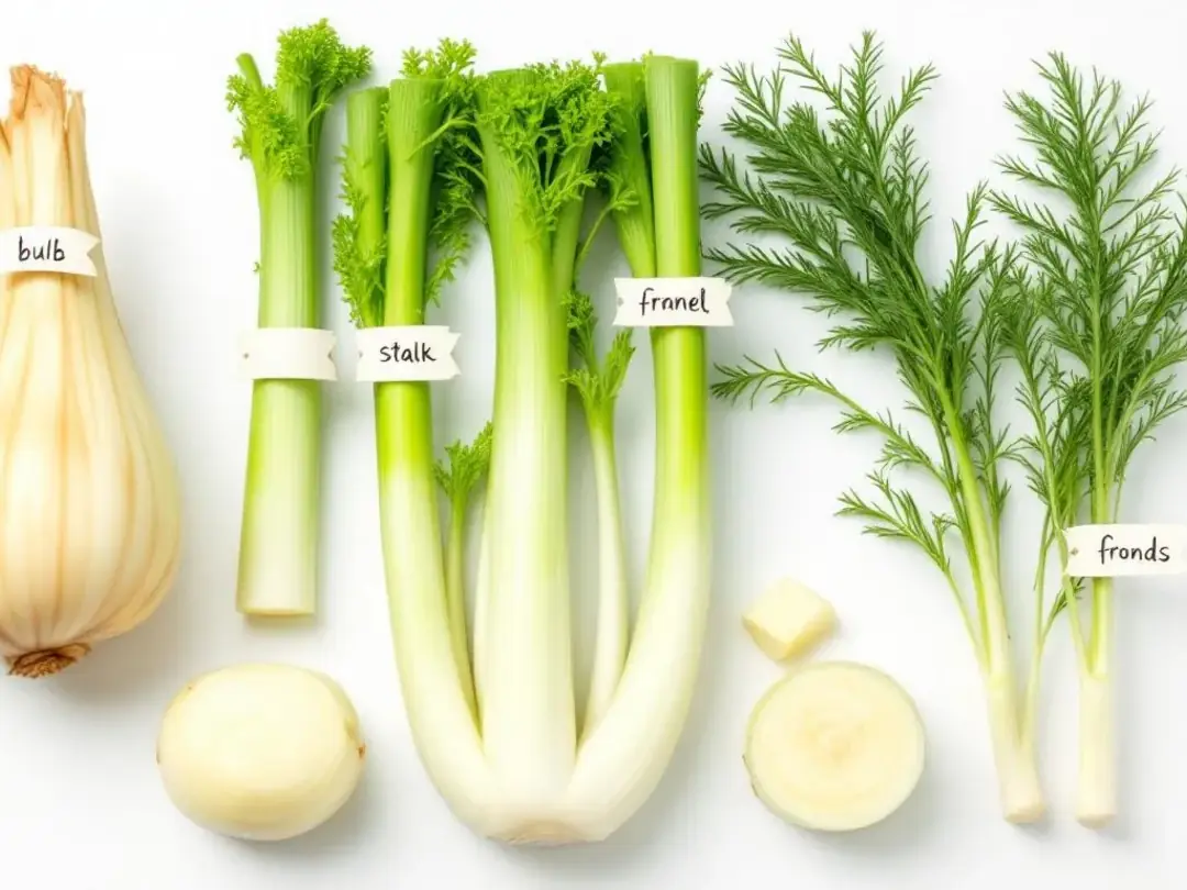 A close-up image showcases the different parts of fennel, including the bulb, stalks, and feathery fronds, all neatly...