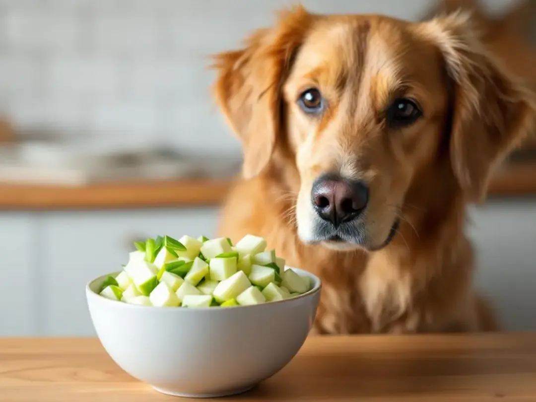 A happy dog sits beside a bowl filled with small pieces of chopped fennel, showcasing a potential addition to a furry...