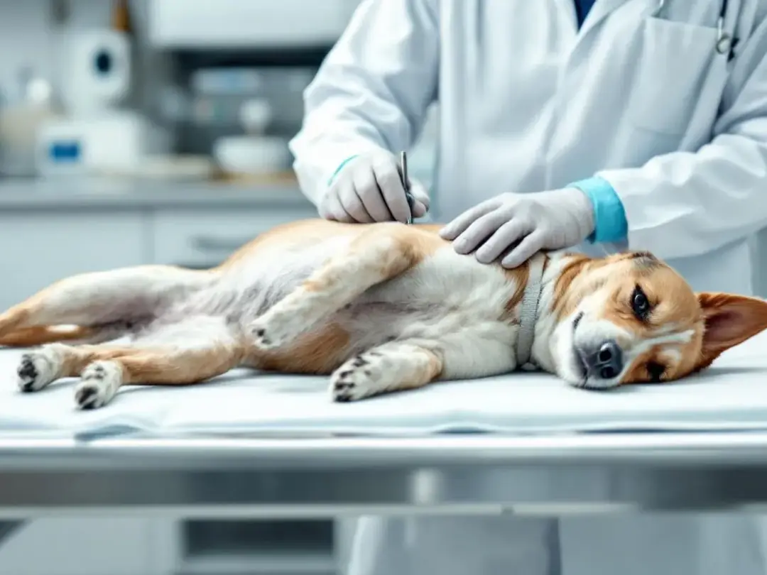 A veterinarian is examining a small dog on an examination table, ensuring the furry friend's health and well-being. The...