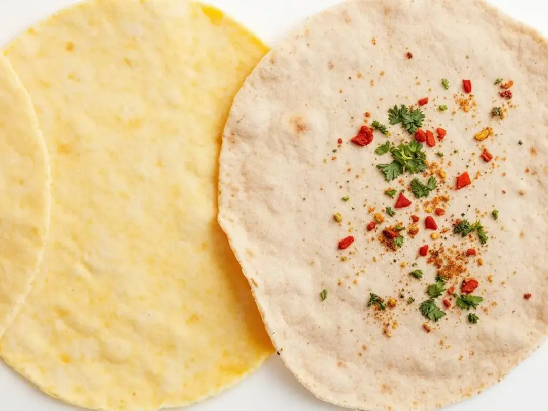 This image compares plain corn tortillas, made from corn flour, with seasoned wheat tortillas that feature visible...