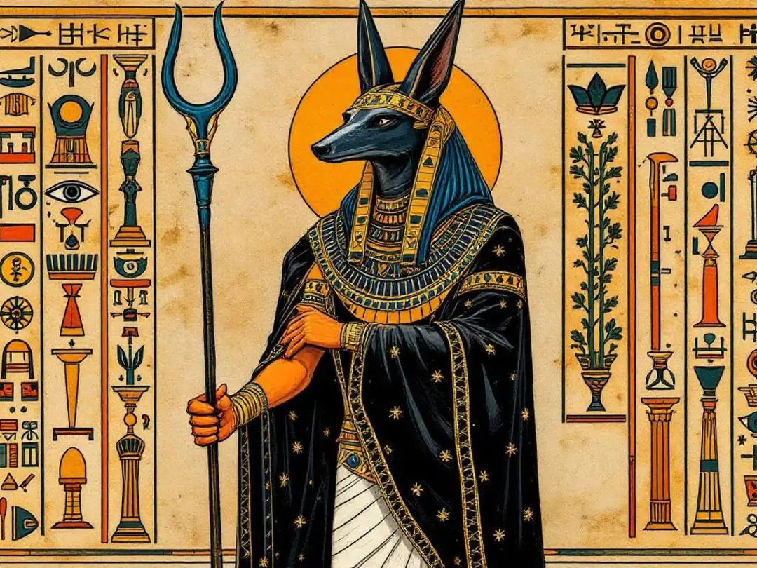 The image features an ancient Egyptian artwork portraying Anubis, the god associated with the afterlife, surrounded by...