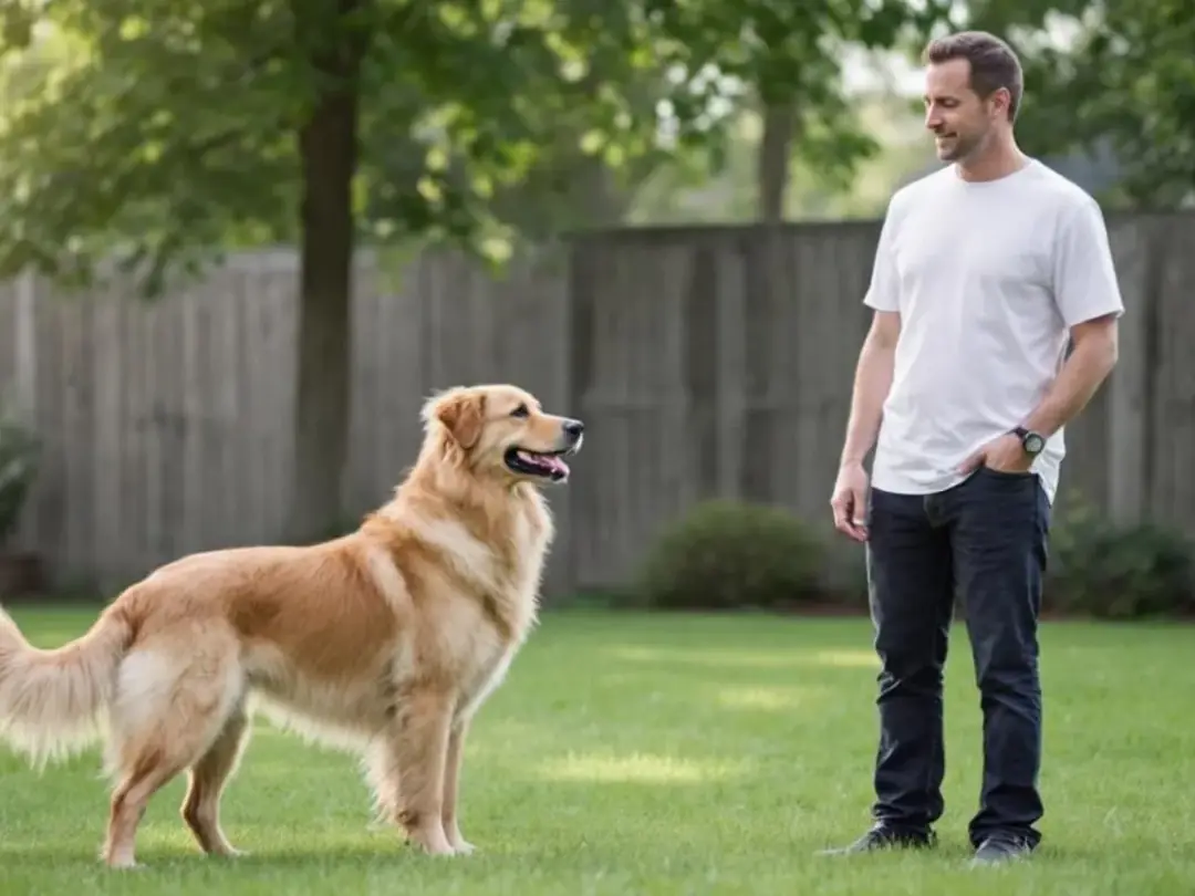 In the image, a calm dog owner observes their pet, who is exhibiting alert behavior while staring intently at an unseen...