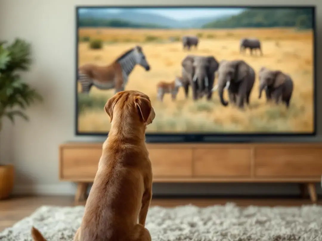 A dog sits attentively in front of a TV screen displaying wildlife footage, showcasing various animals in their natural...