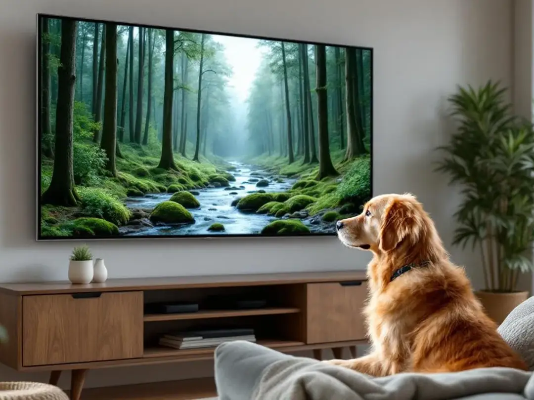 A dog sits comfortably at a distance, intently watching a modern flat-screen TV that displays captivating nature...