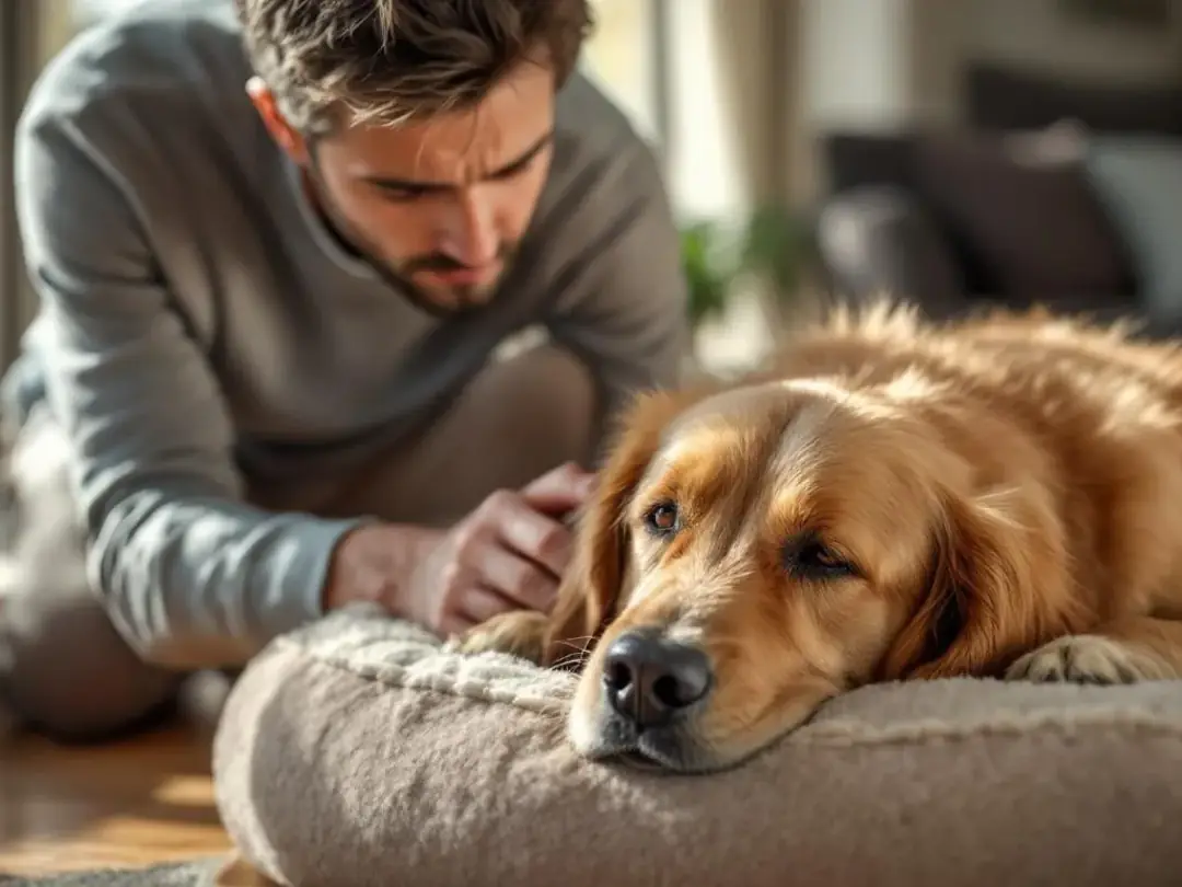 A concerned dog owner is leaning down to check on their lethargic golden retriever, who is lying on a comfortable dog...