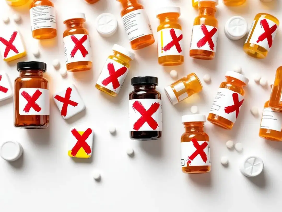 The image depicts various human medication bottles prominently marked with a red X symbol, indicating a warning against...
