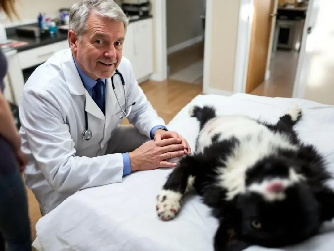 A veterinarian is consulting with a dog owner while examining a border collie on an examination table, discussing...