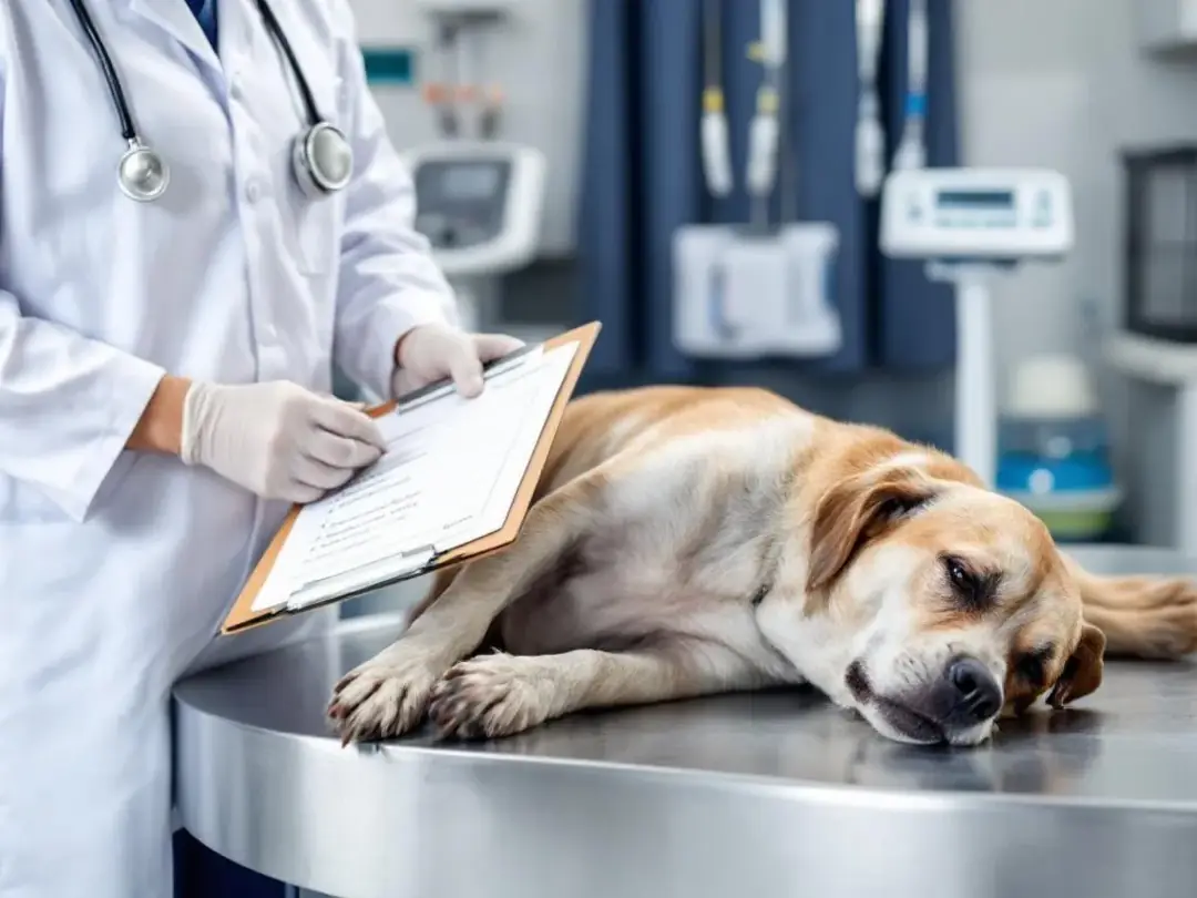 A veterinarian is examining a sick dog, taking notes on its symptoms to assess the dog's pain and determine the best...