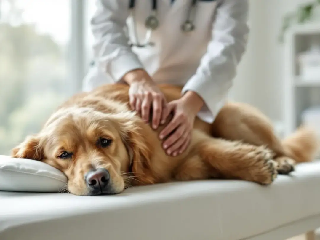 A trained professional is gently administering physical therapy to a dog, focusing on relieving pain and improving...