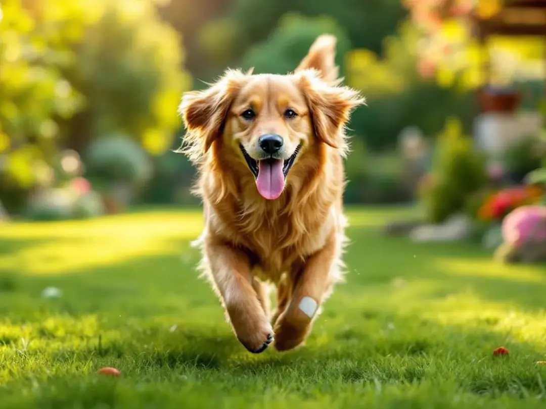 A joyful dog is playing in a sunny yard, showcasing its newfound energy after effective pain relief treatment. The...