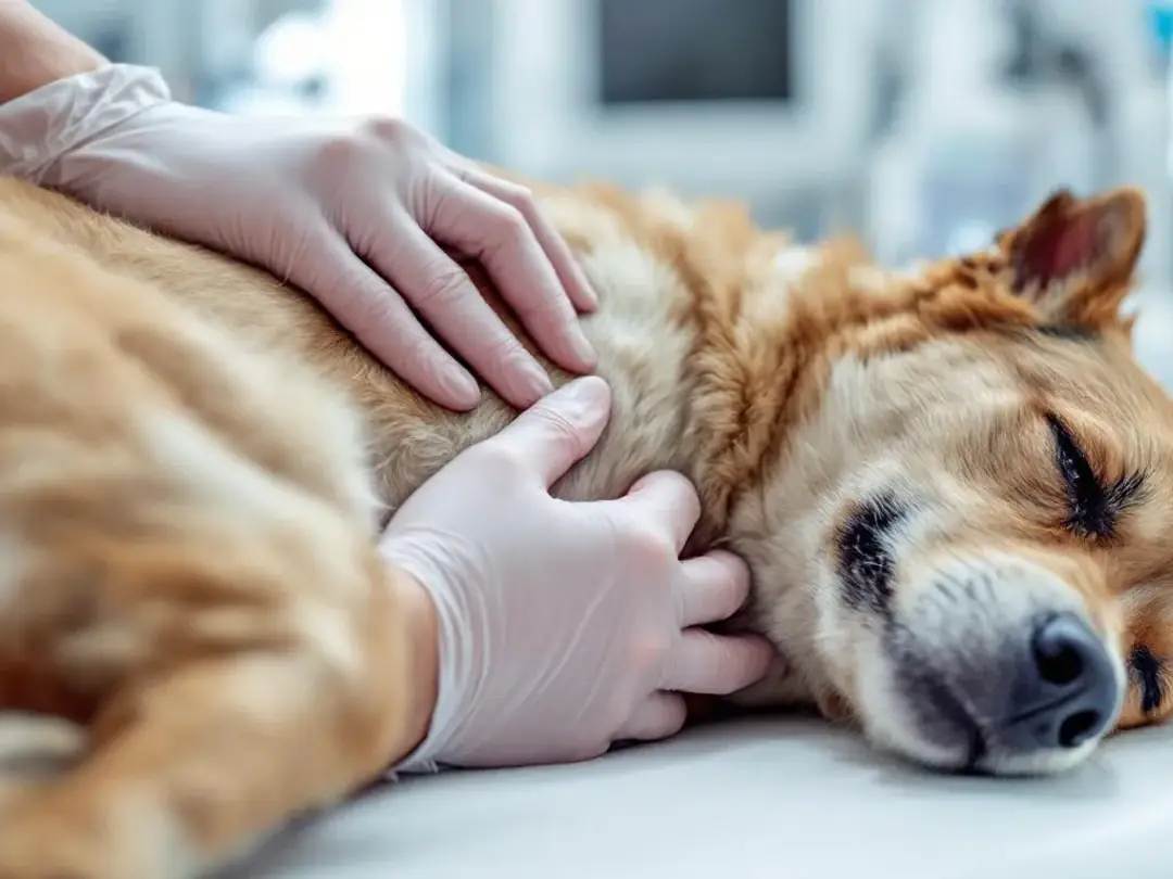 In this close-up image, a veterinarian's hands are gently palpating a dog's abdomen during a physical exam, assessing...