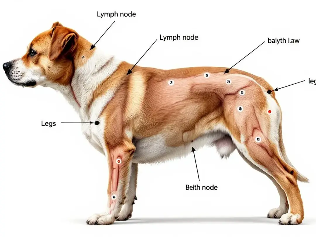 A side view of a mixed breed dog highlights the location of common lymph nodes that pet owners should monitor for signs...