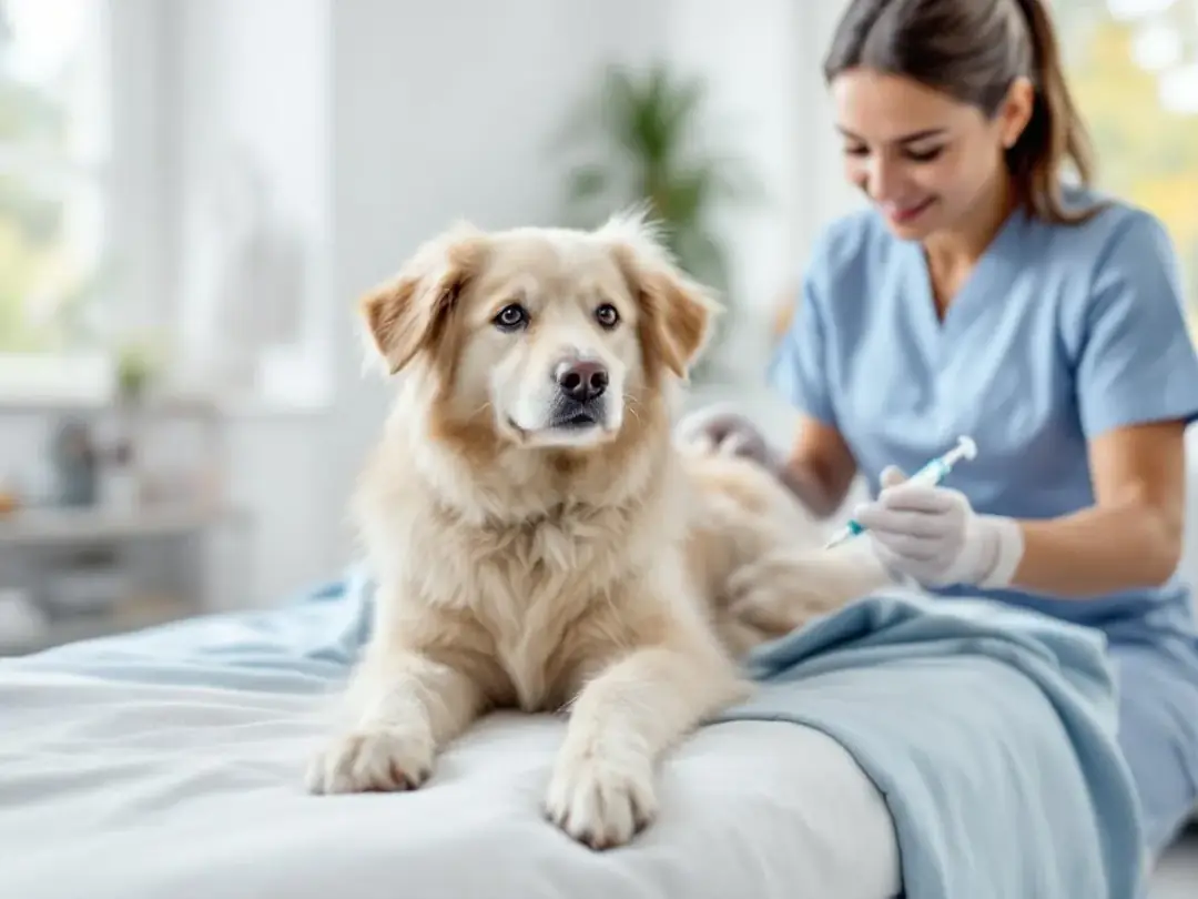 In a cozy veterinary oncology clinic, a dog is receiving chemotherapy treatment, surrounded by caring veterinarians and...